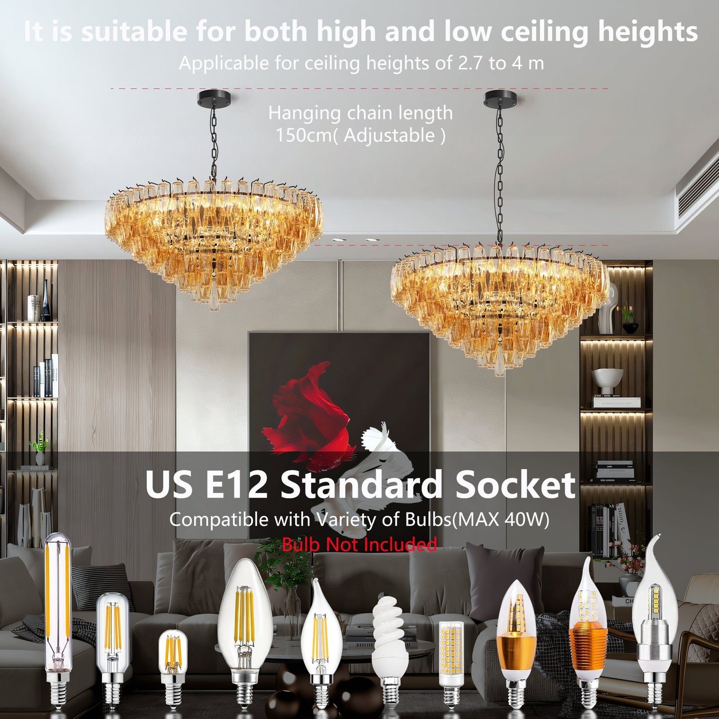 Modern Round 14-Light Black Chandelier with Smoke Glass Tubes