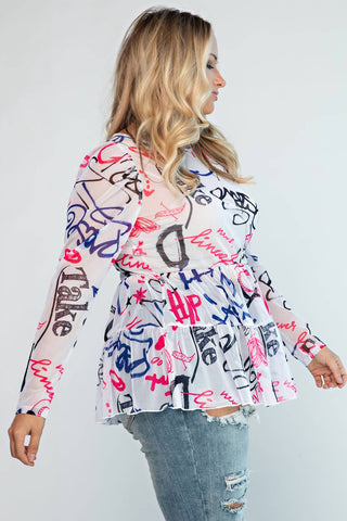 The Curve La - Plus Size Mesh Babydoll Puff Sleeve Top