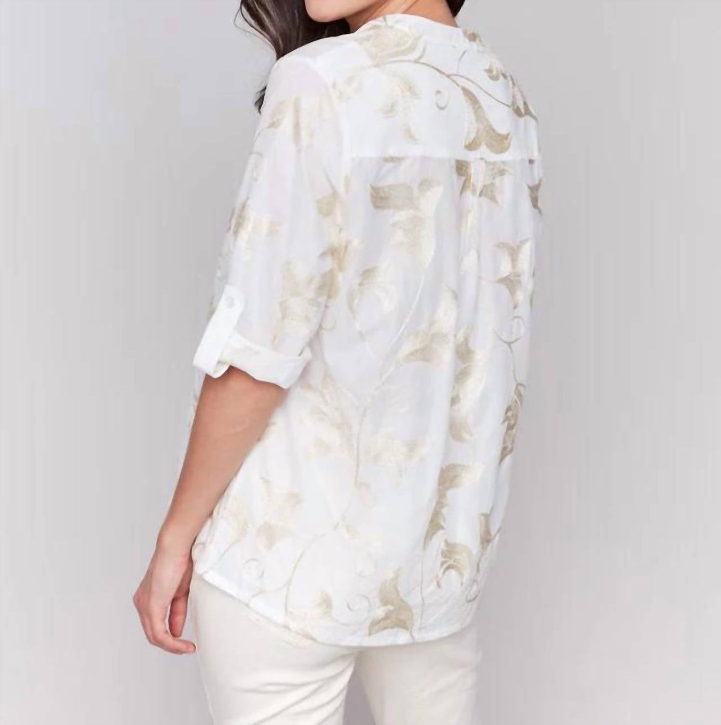 Charlie B - Embroidered Cotton Half-button Blouse