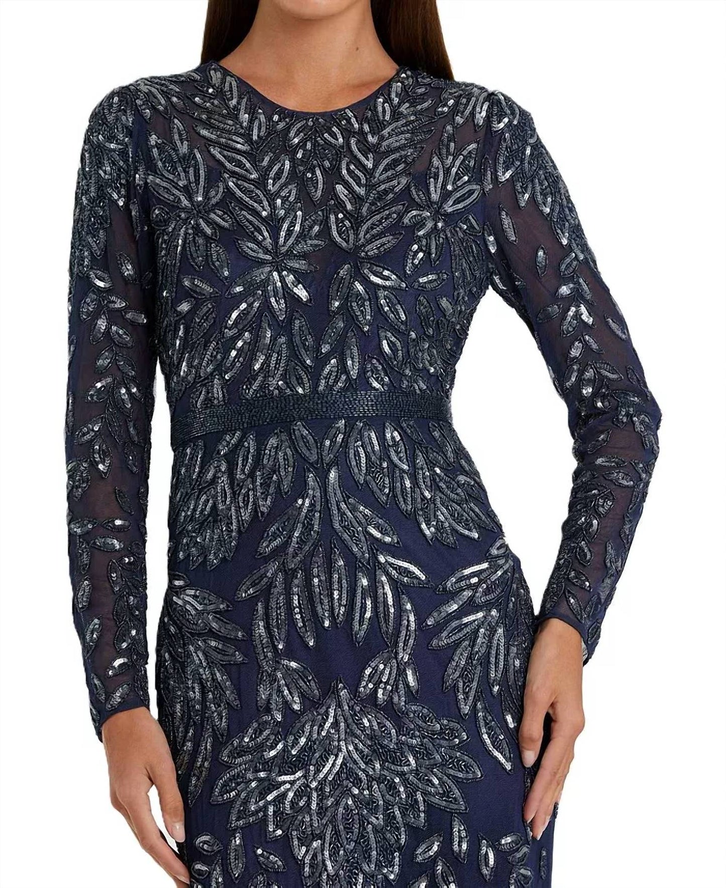 Mac Duggal - Long Sleeve Illusion Neck Sequin Beaded Gown