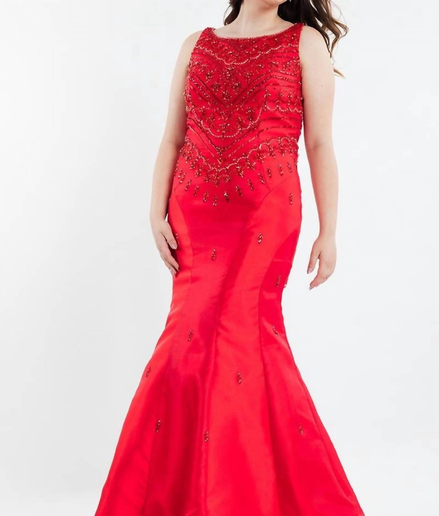 Rachel Allan - Boatneck Beaded Mikado Mermaid Gown