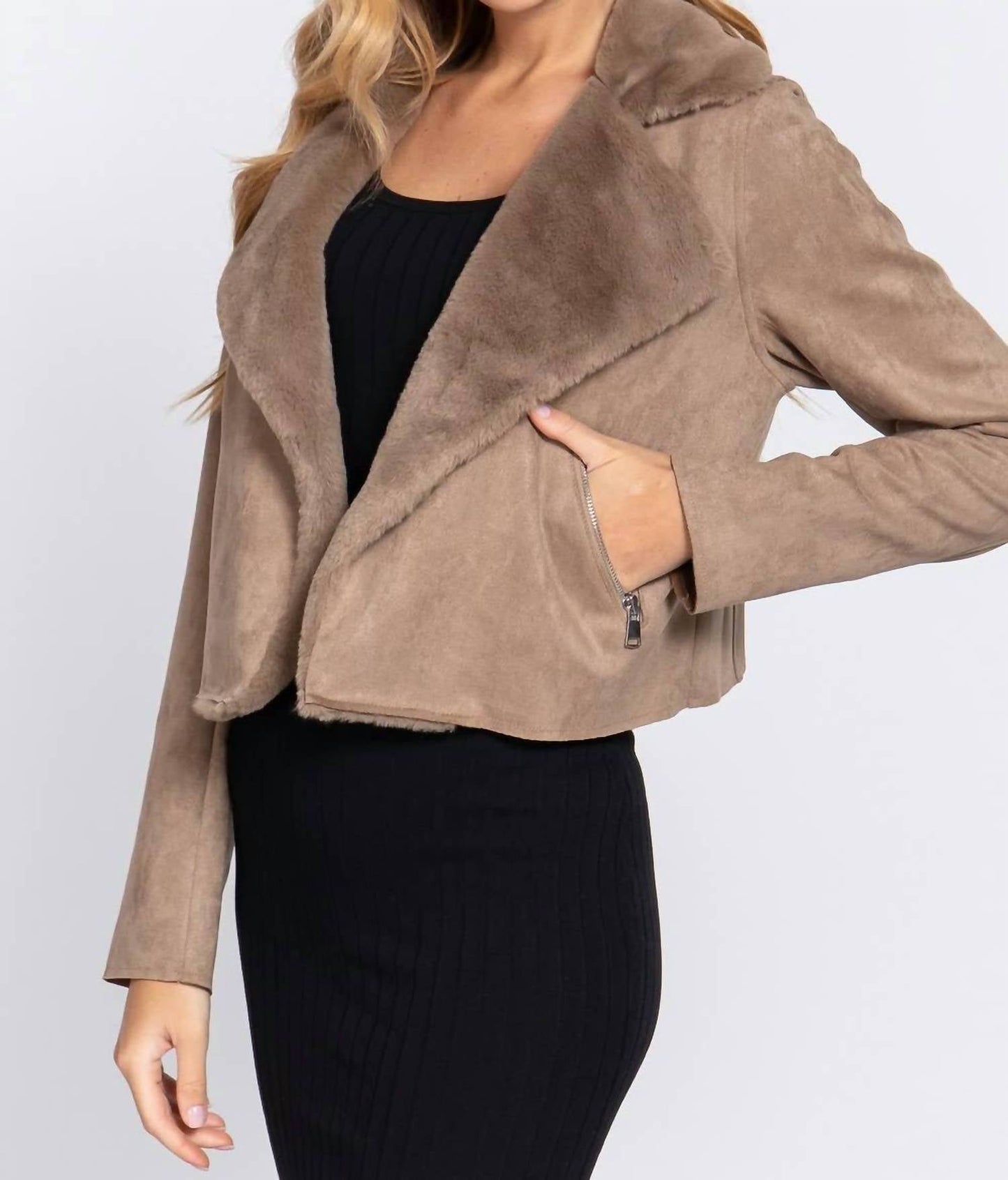 Active Basic - Women's Lapel Collar Fur Detail Faux Suede Biker Jacket