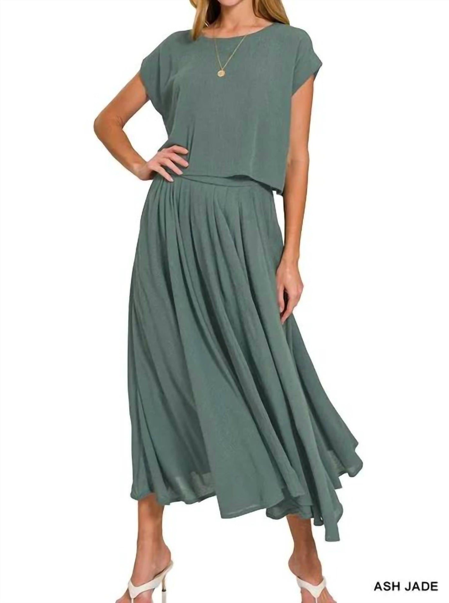 Zenana - Woven Crinkle Gauze Crop Tee And Skirt Set