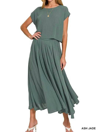 Zenana - Woven Crinkle Gauze Crop Tee And Skirt Set