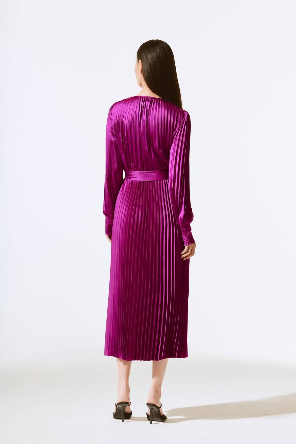 Joseph Ribkoff - Pleated Satin Belted Midi Wrap Dress