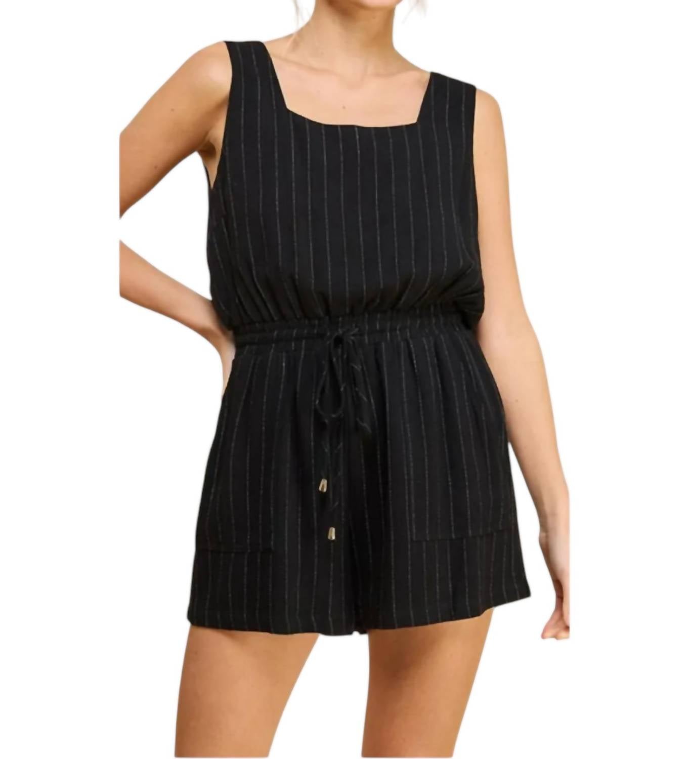 Allie Rose - Stripe Linen Blend Square Neck Romper