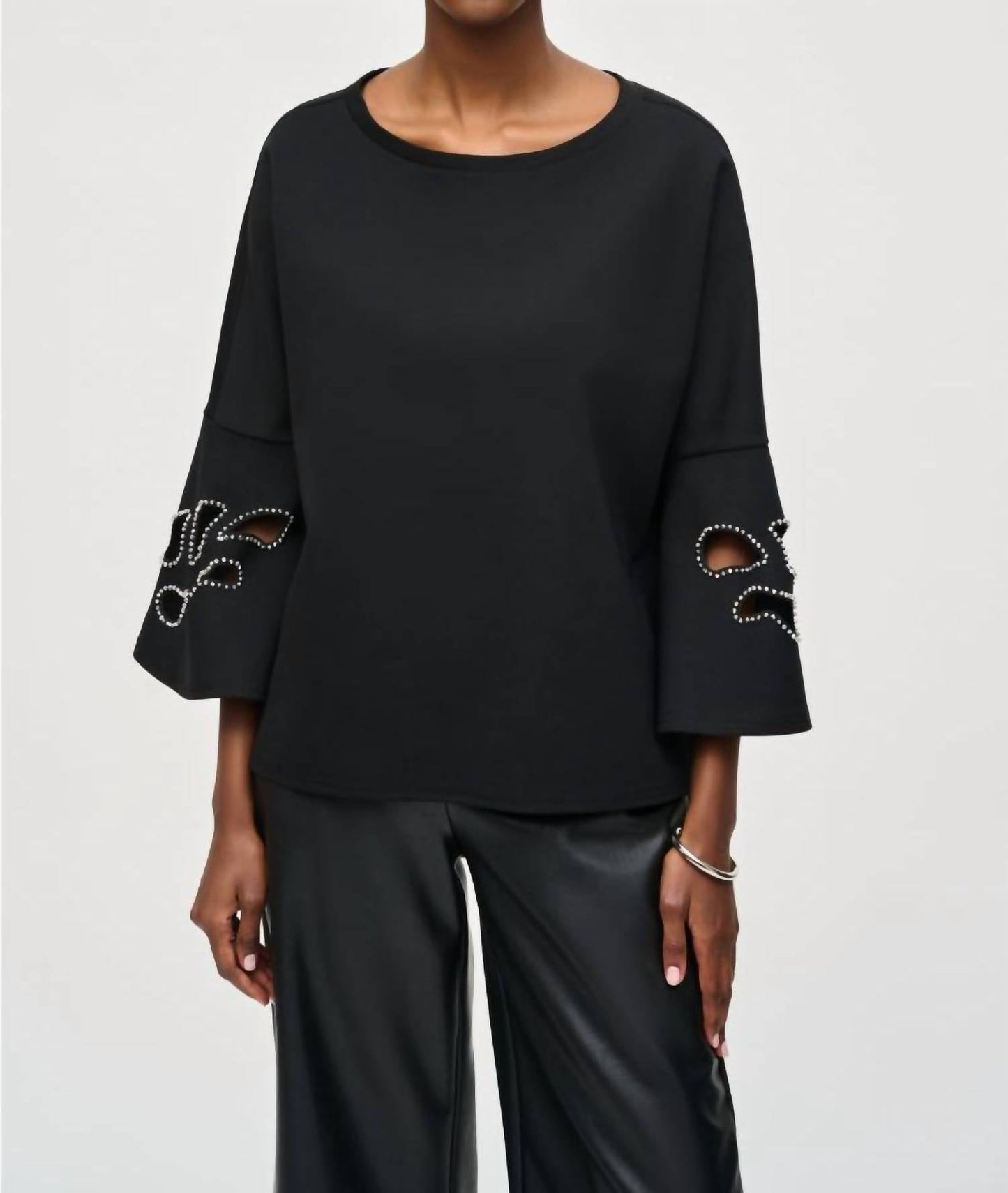 Joseph Ribkoff - Embellished Boat Neck Cut-out 3/4 Sleeves Top