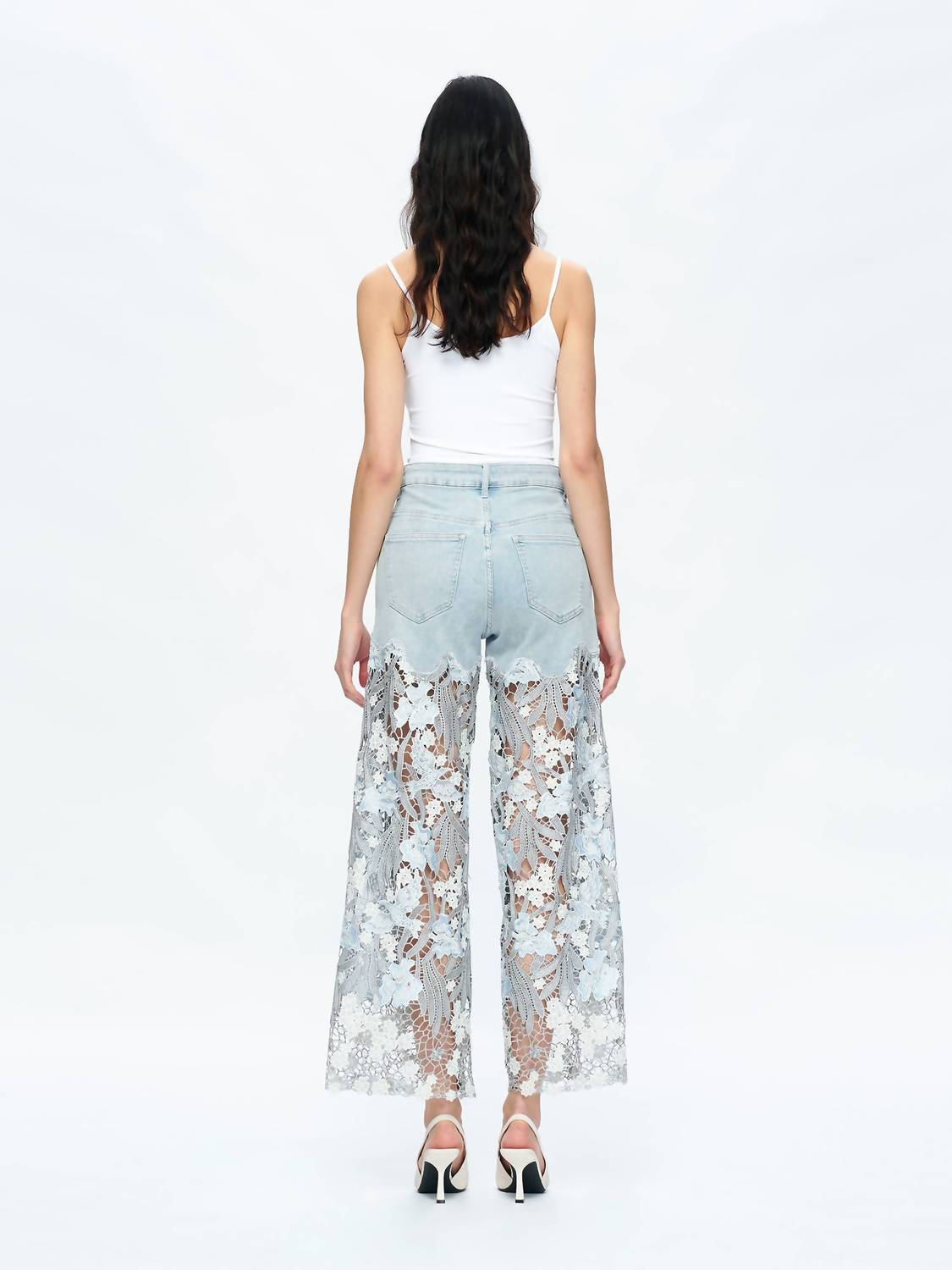 Bayeas - High Rise Wide Leg Jeans With Lace Spliced