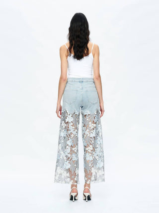 Bayeas - High Rise Wide Leg Jeans With Lace Spliced