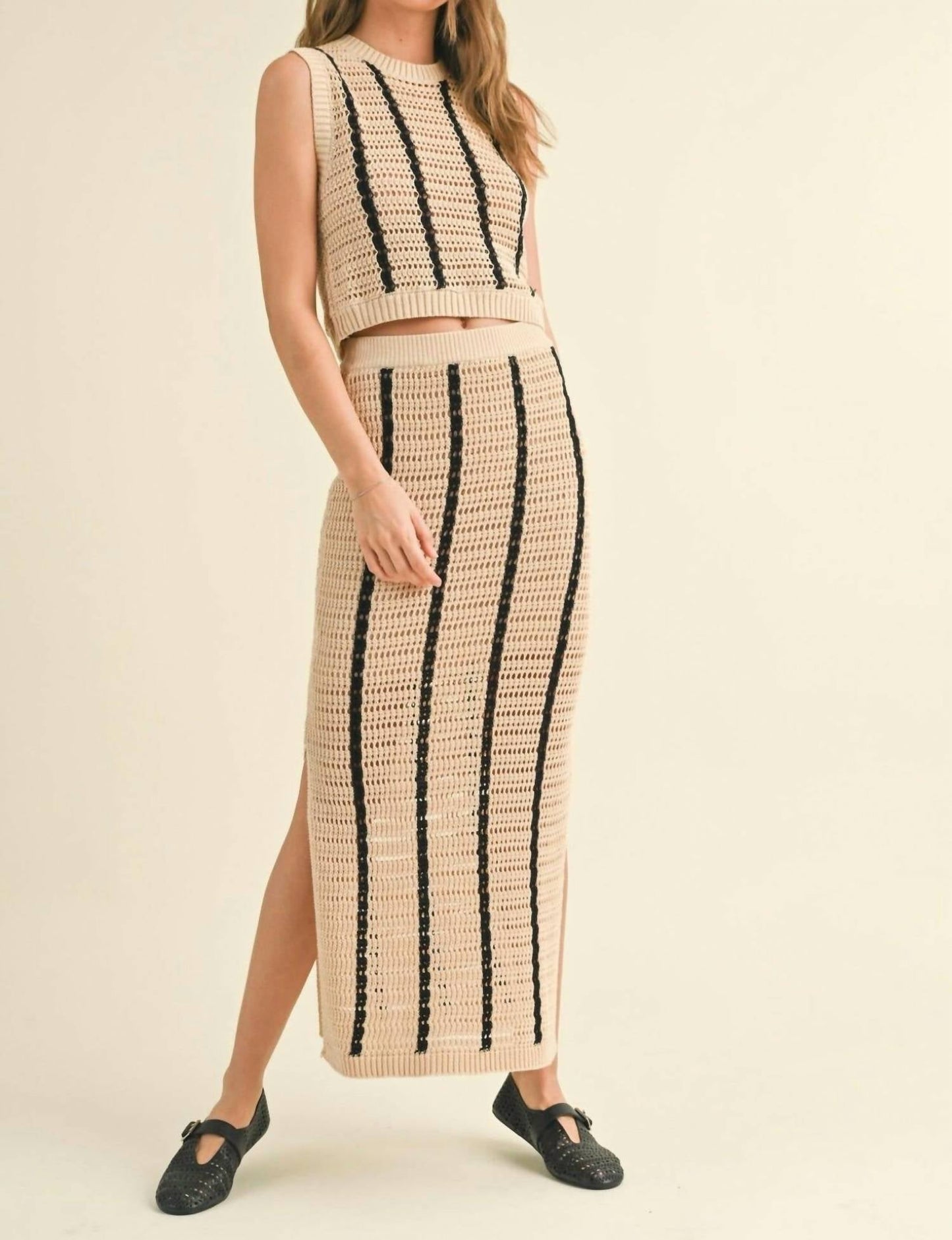 Miou Muse - Striped Pattern Crochet Knitted Long Maxi Skirt