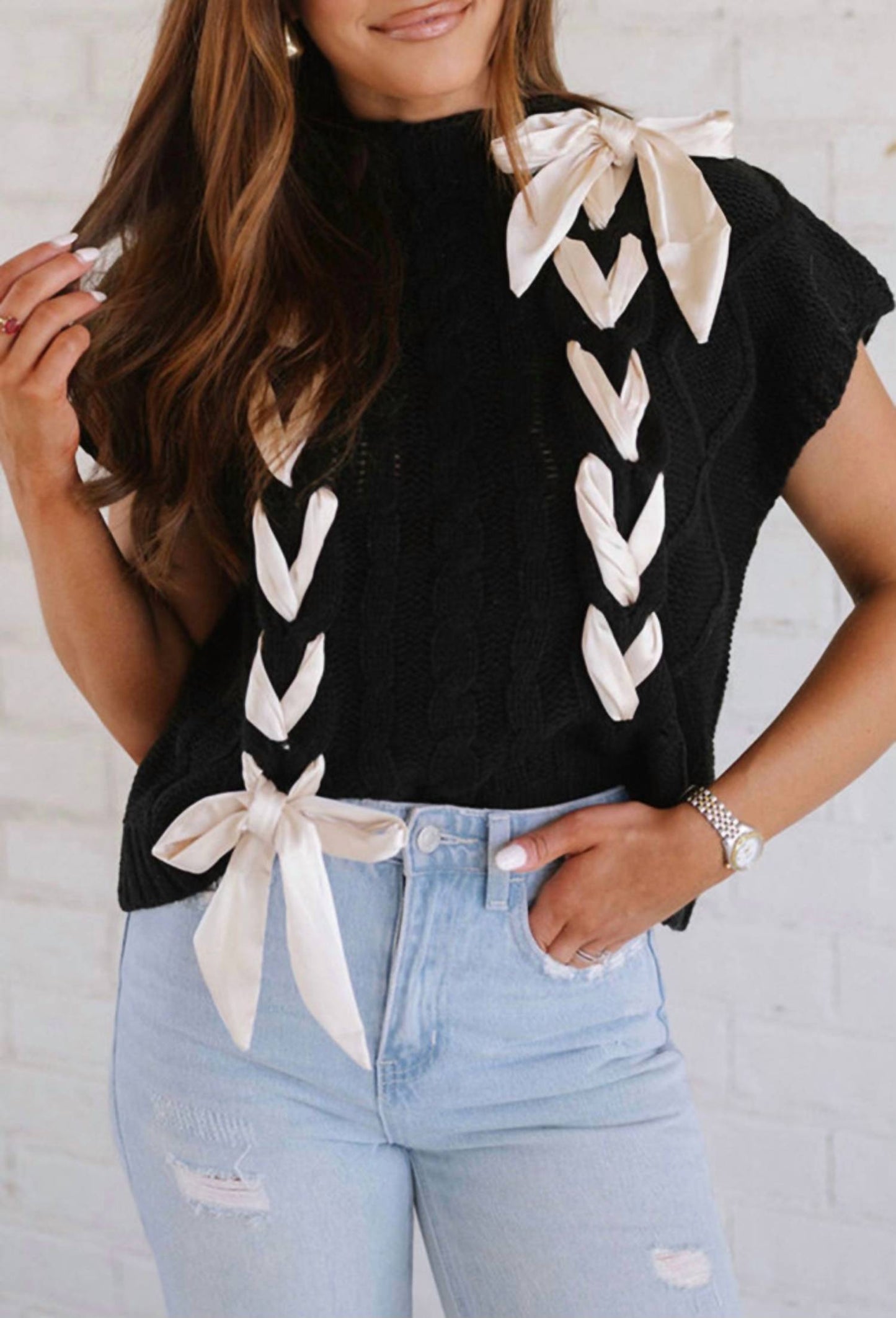 Dear Lover - Satin Bow Cable Knit Sweater Vest