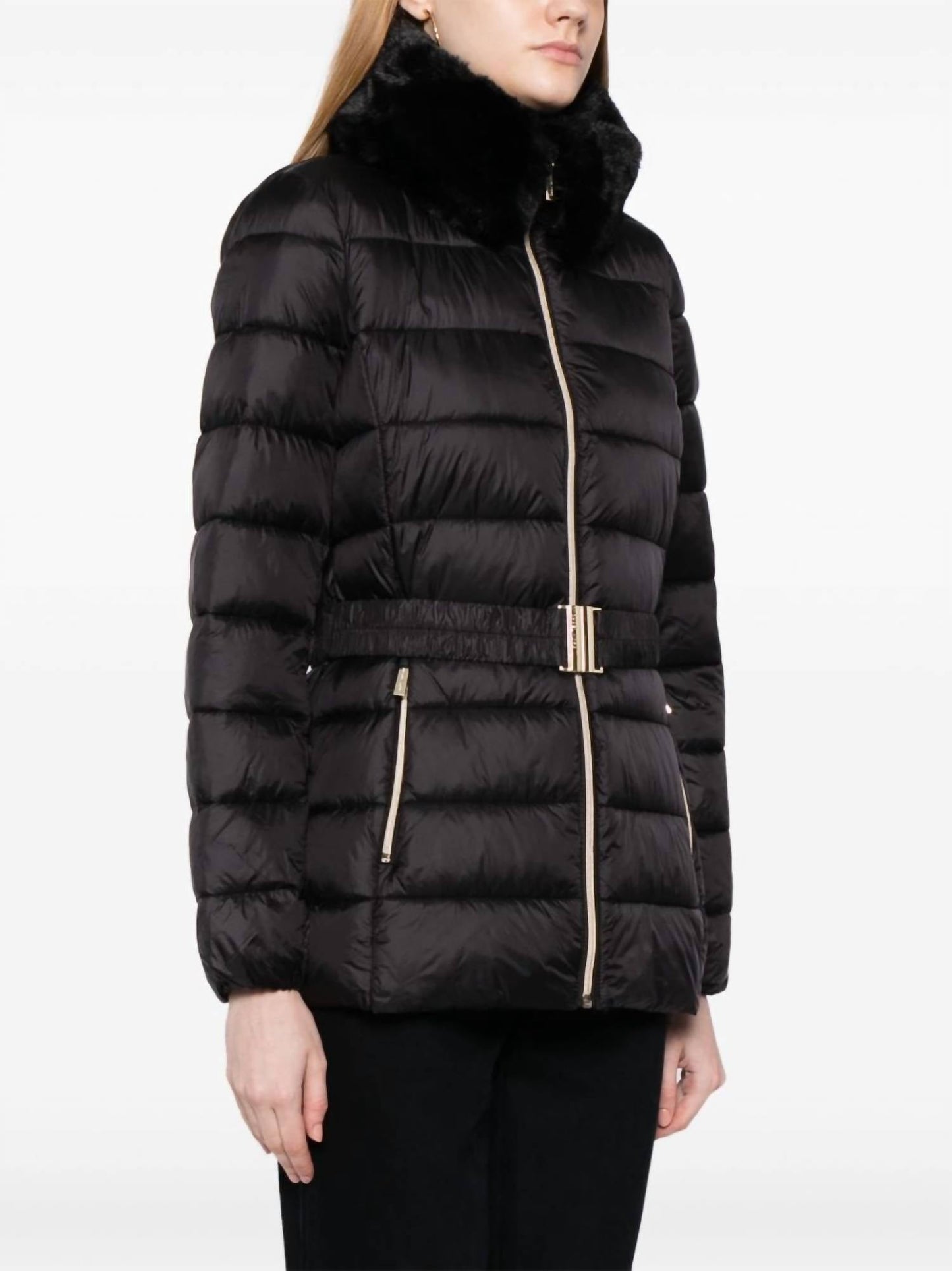 Michael Kors - Faux Fur Collar Belted Lightweight Down Puffer Coat