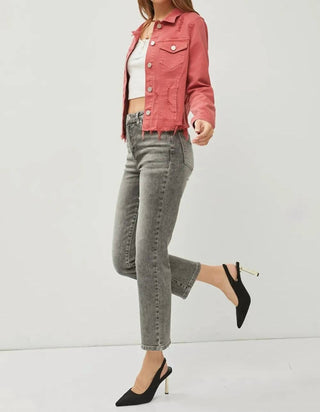 Risen - Full Size Raw Hem Button Up Cropped Denim Jacket Plus Size