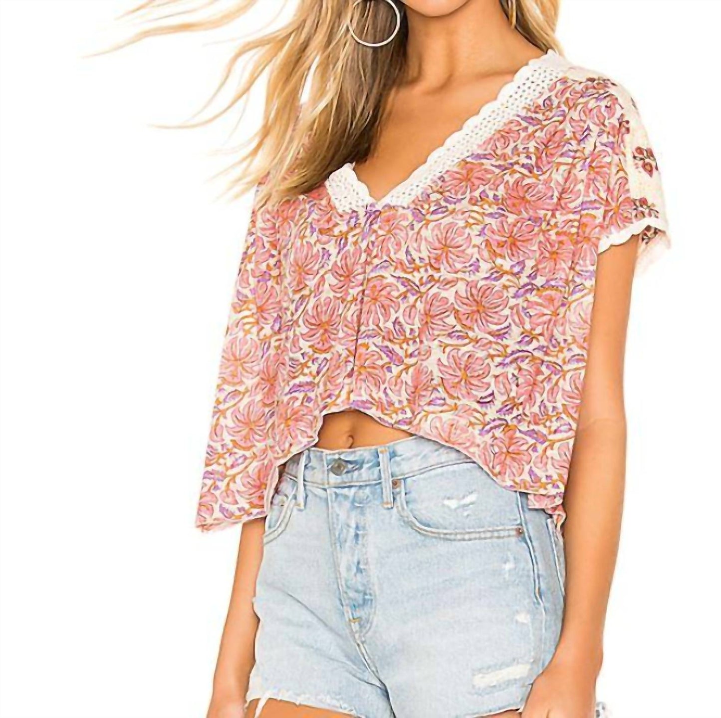 Free People - Leilani Floral Print Peasant Crochet Boho Blouse