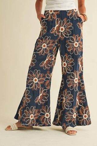 Anniewear - Floral Embroidery Wide Palazzo Pant
