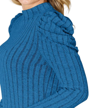 Trendsi - Ribbed Mock Neck Top With Puff Sleeves