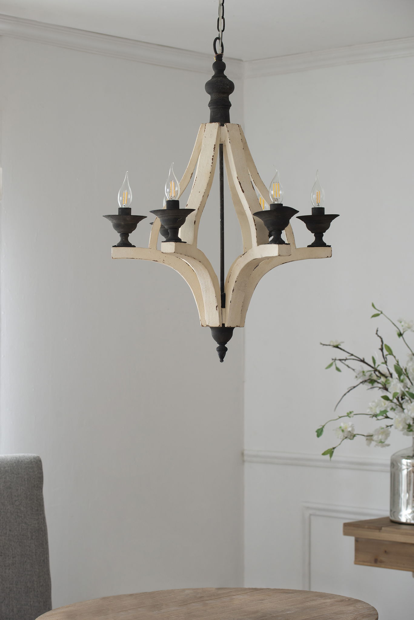 6 Light Wood Chandelier with Adjustable Chain - Cream