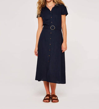 Apricot - Linen Blend Belted Shirt Midi Dress