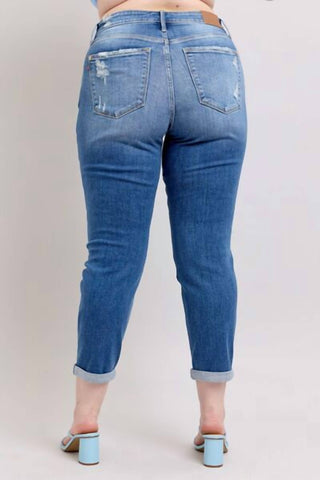 Judy Blue - Mid Rise Button Fly Distressed Boyfriend Jeans