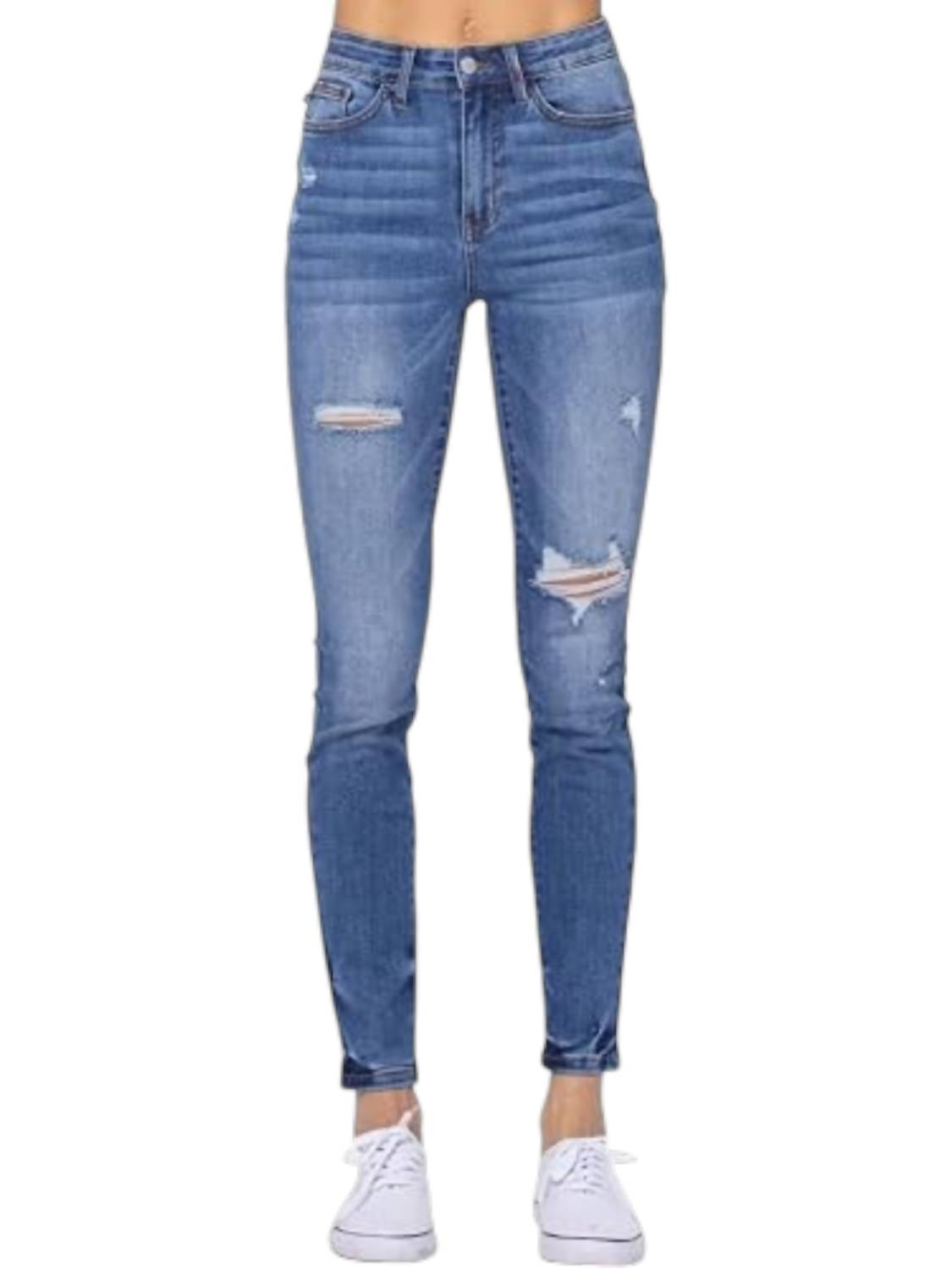Judy Blue - Embroidered Pocket Skinny Distressed Jeans