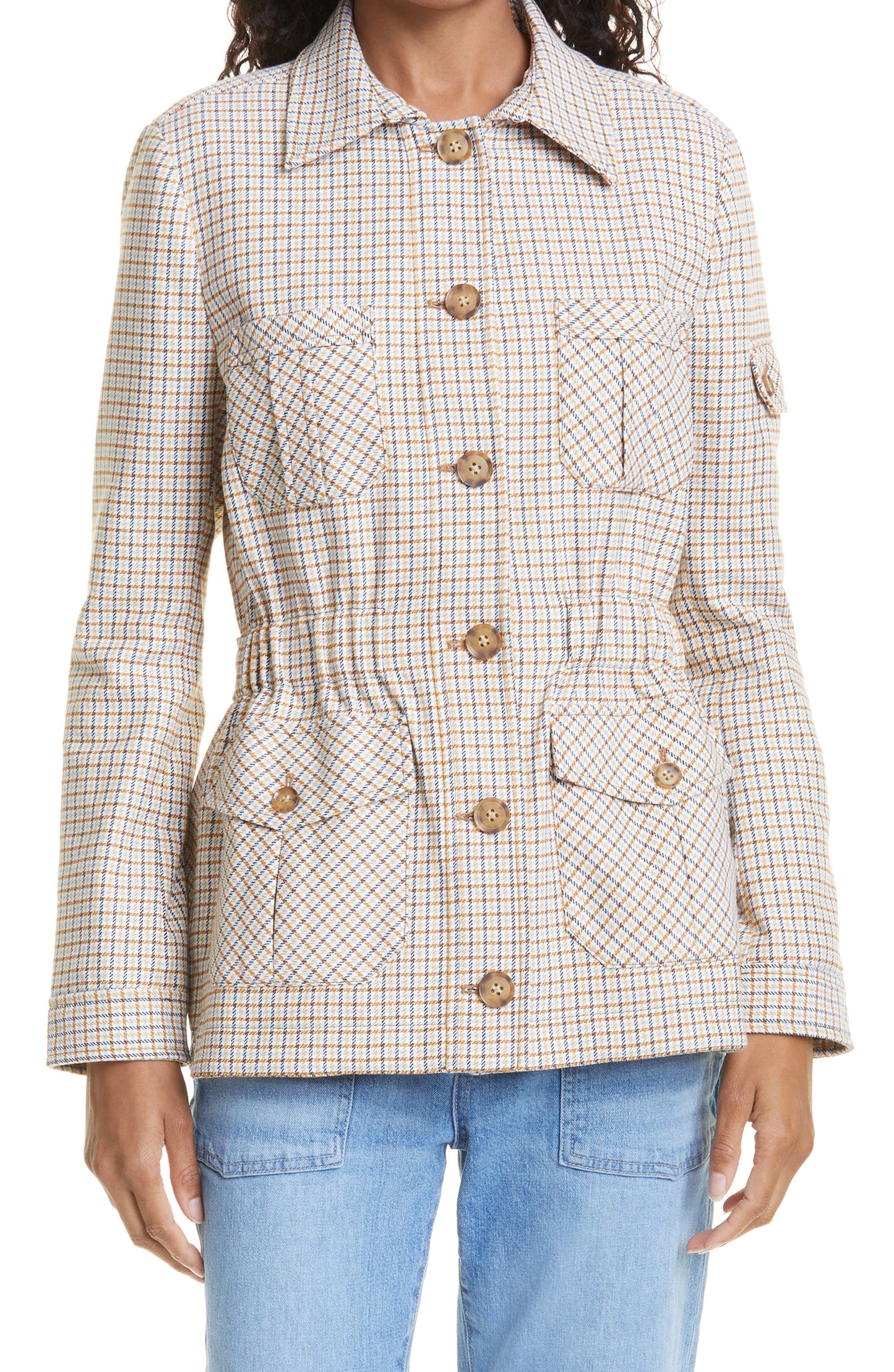 Veronica Beard Check Camp Jacket, Size 12 in White Multi