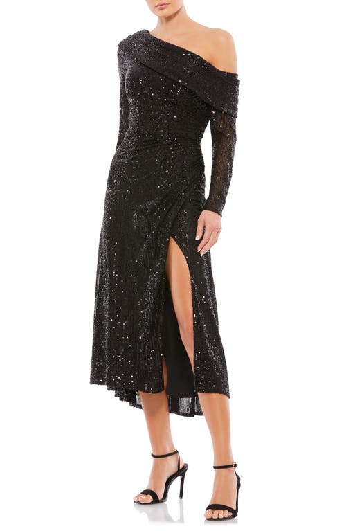 Mac Duggal Sequin OneShoulder Midi Dress  Black