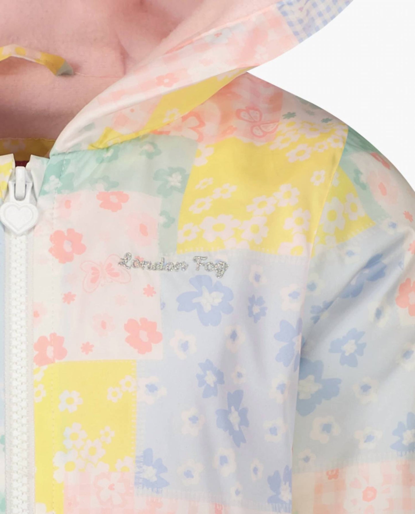 London Fog - Girls Printed Zip Front Hooded Ruffle Raincoat