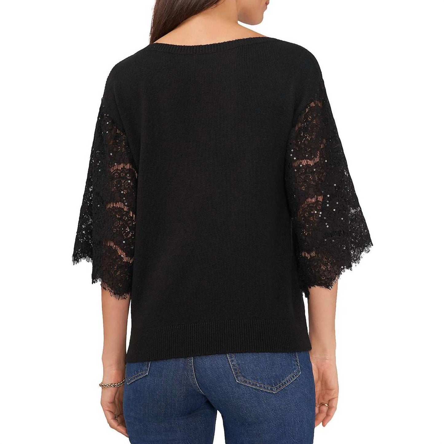 Vince Camuto - Lace Sequin Sleeve Mixed Media Top