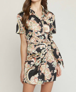 Entro - Satin Paisley Short Faux Wrap Dress