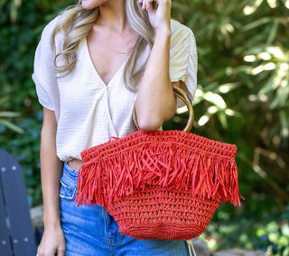 Anju - Women's Santorini Fringe Bag With Wood Handle