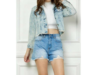 Veveret - Stripe Rhinestone Distressed Denim Jacket