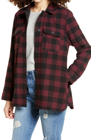 Women's Burgundy Plaid Flannel Shirt Jacket - X Small
