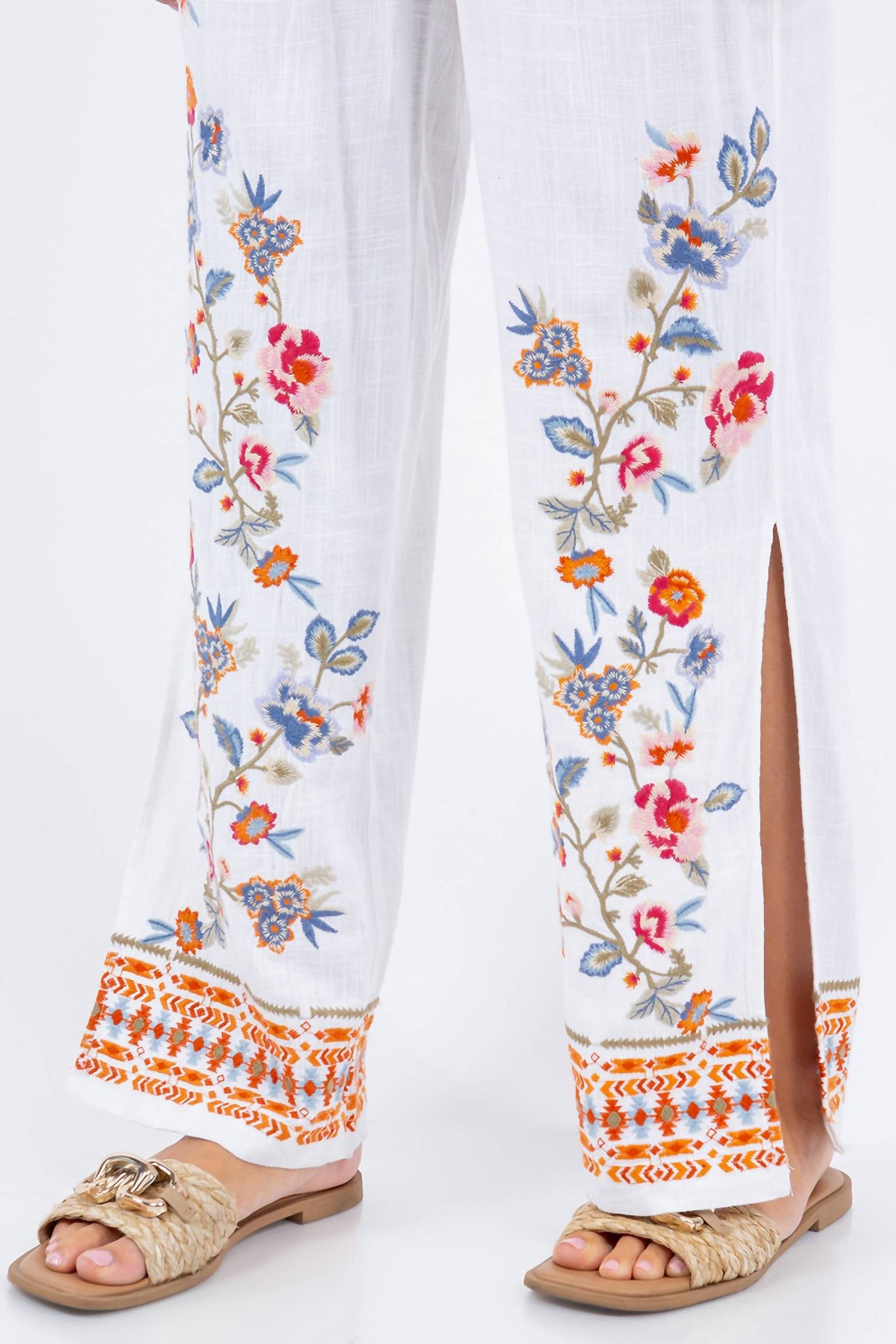 Paparazzi - Linen Blend Embroidered Slit Side Pant