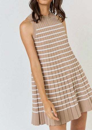 Lalavon - Striped Pleated Sleeveless Sweater Mini Dress