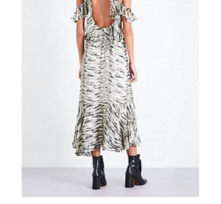 Topshop - Animal Print Silk Ruffle Open Back Cutout Midi Dress