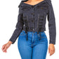 American Bazi - Chic Off Shoulder Lace Up Denim Jacket