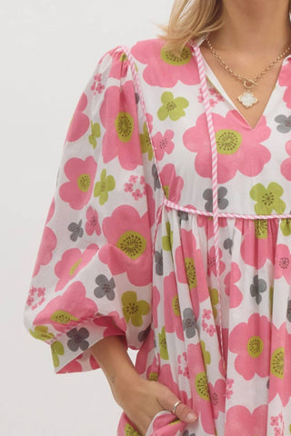 Entro - Floral Babydoll With Contrast Trim And Mid Sleeves Dress