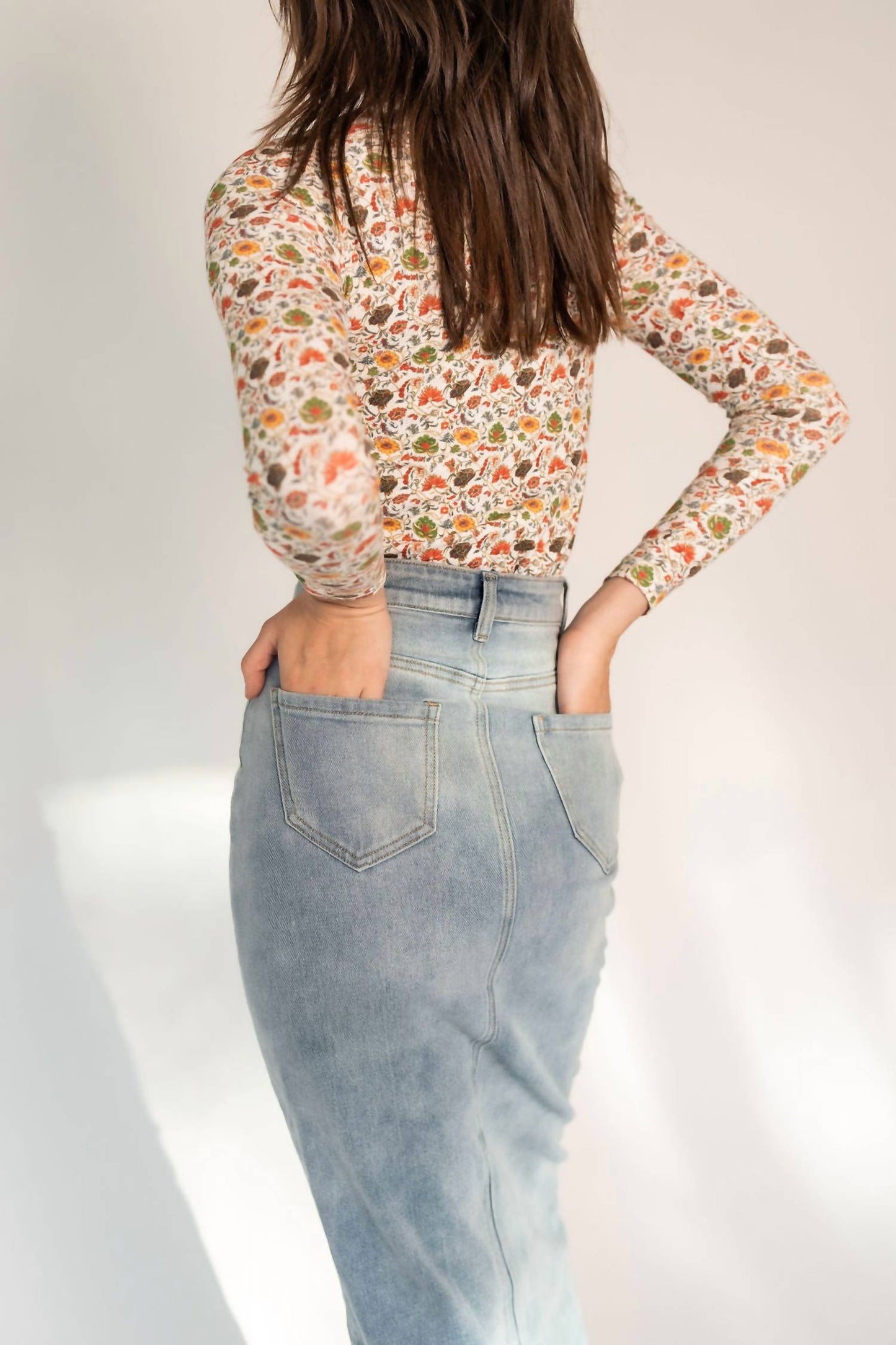 Recollection Brand - Frayed Hem Asymmetrical Stretch Denim Maxi Skirt