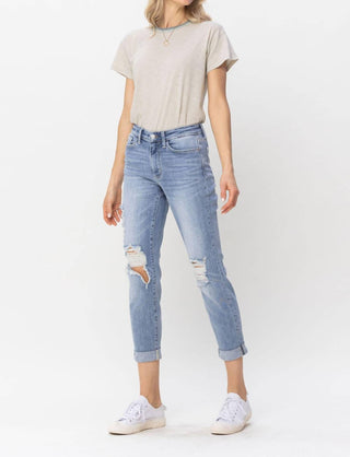 Judy Blue - Mid Rise Double Cuff Destroyed Boyfriend Denim Jeans
