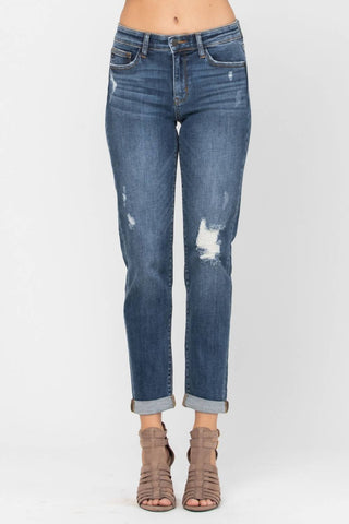 Judy Blue - Destroyed Cuffed Mid Rise Slim Fit Denim Jeans