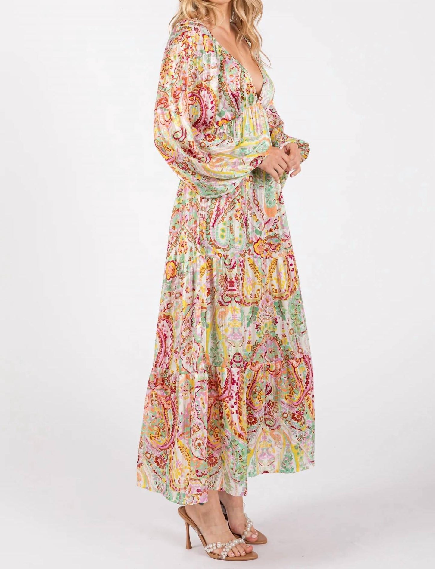 Baevely By Wellmade - Paisley Floral Metallic Striped Tiered Long Puff Sleeve Maxi Dress