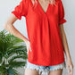 7Th Ray - V-neck Swiss Dot Ruffle Short Sleeve Blouse