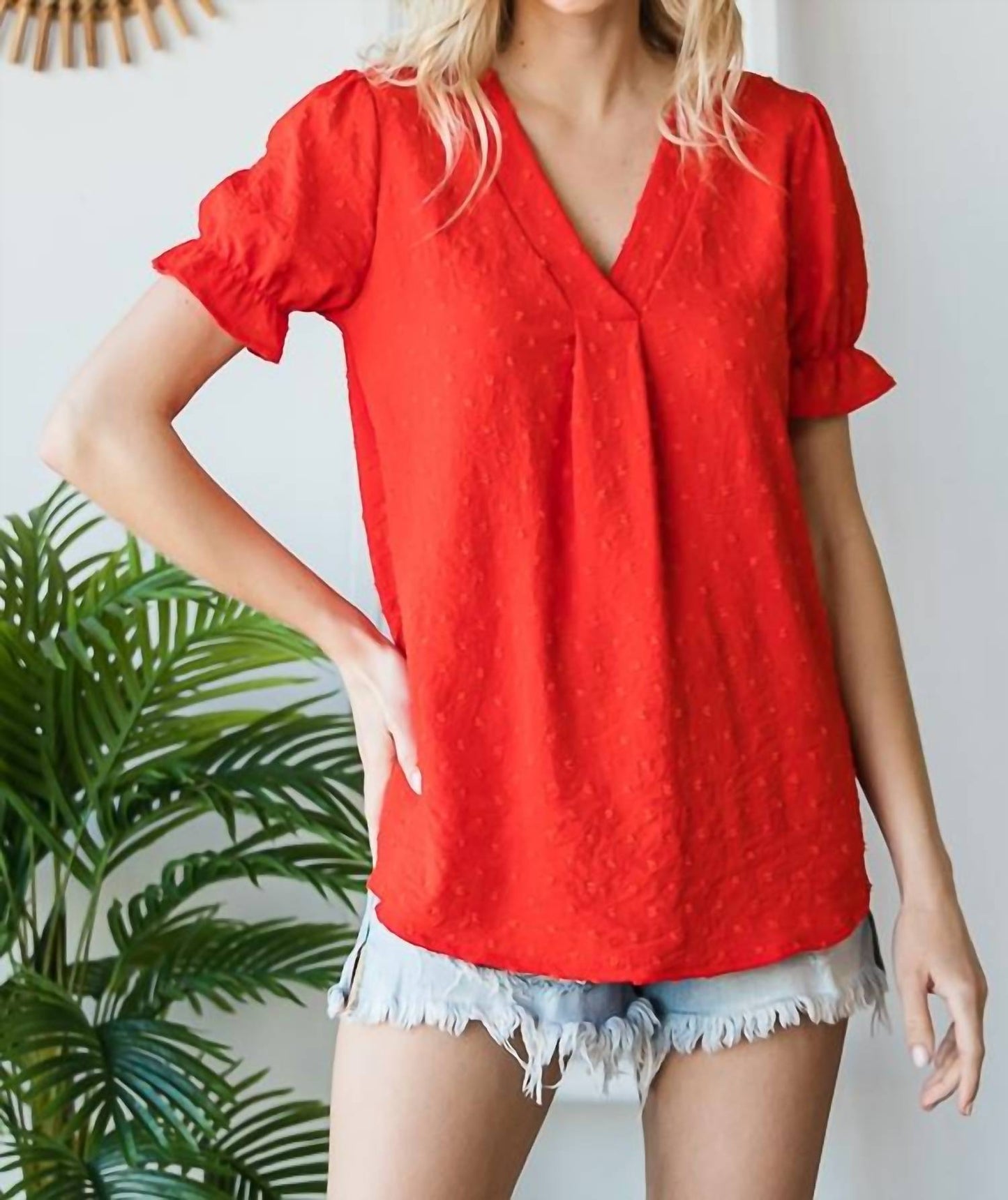 7Th Ray - V-neck Swiss Dot Ruffle Short Sleeve Blouse