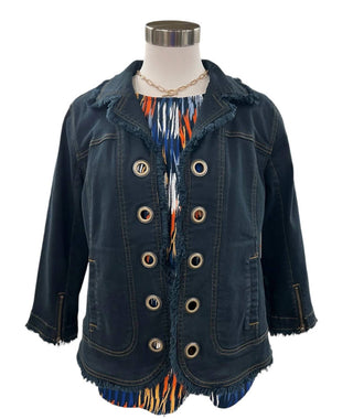 Multiples - Zip Cuff 3/4 Sleeve Fringe Denim Jacket