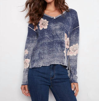 Charlie B - Reverse Print Floral V-neck Sweater
