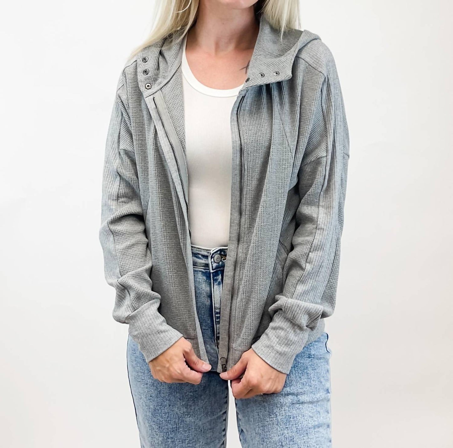 1 The Woman - Waffle Splicing Zip Up Front Button Hooded Jacket