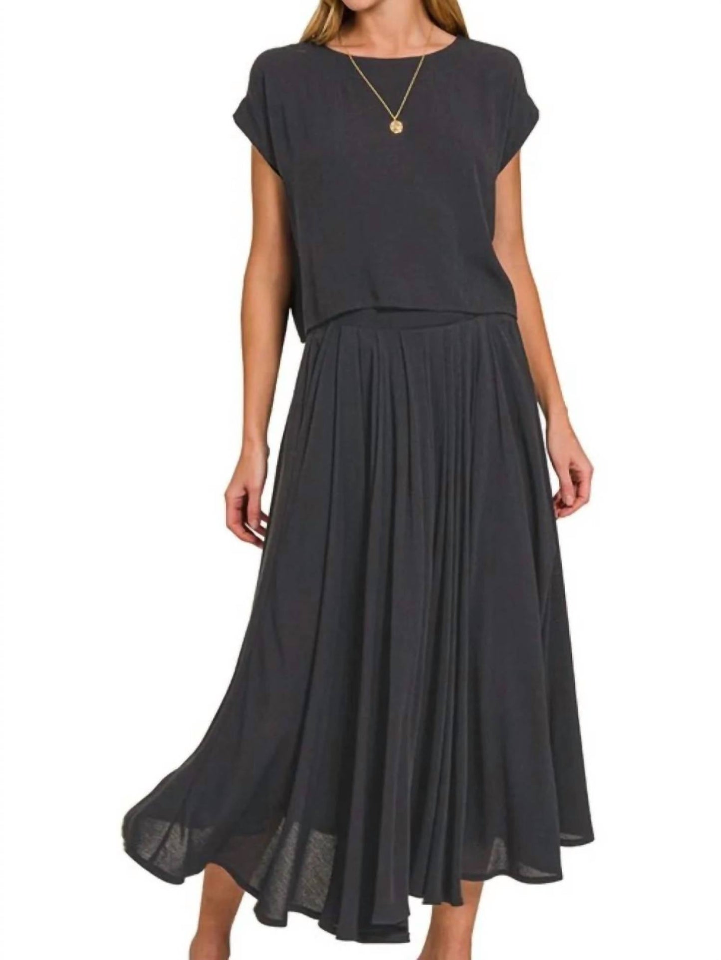 Trendsi - Zenana Woven Crinkle Gauze Crop Tee and Skirt Set