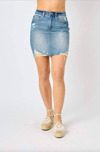 Judy Blue - Fray Hem Distressed Jean Skirt