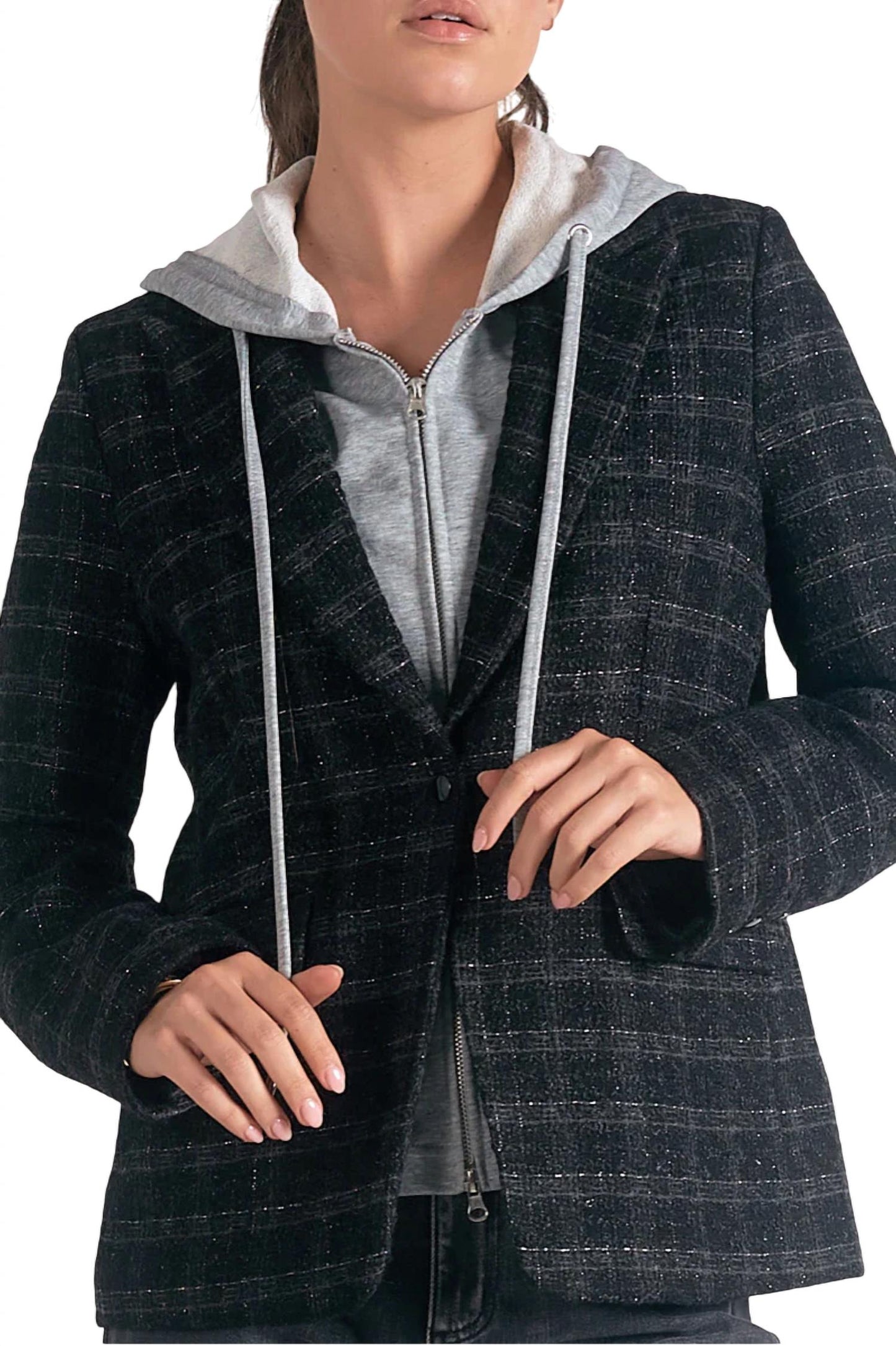 Elan - Eliza Metallic Plaid Blazer with Hoodie