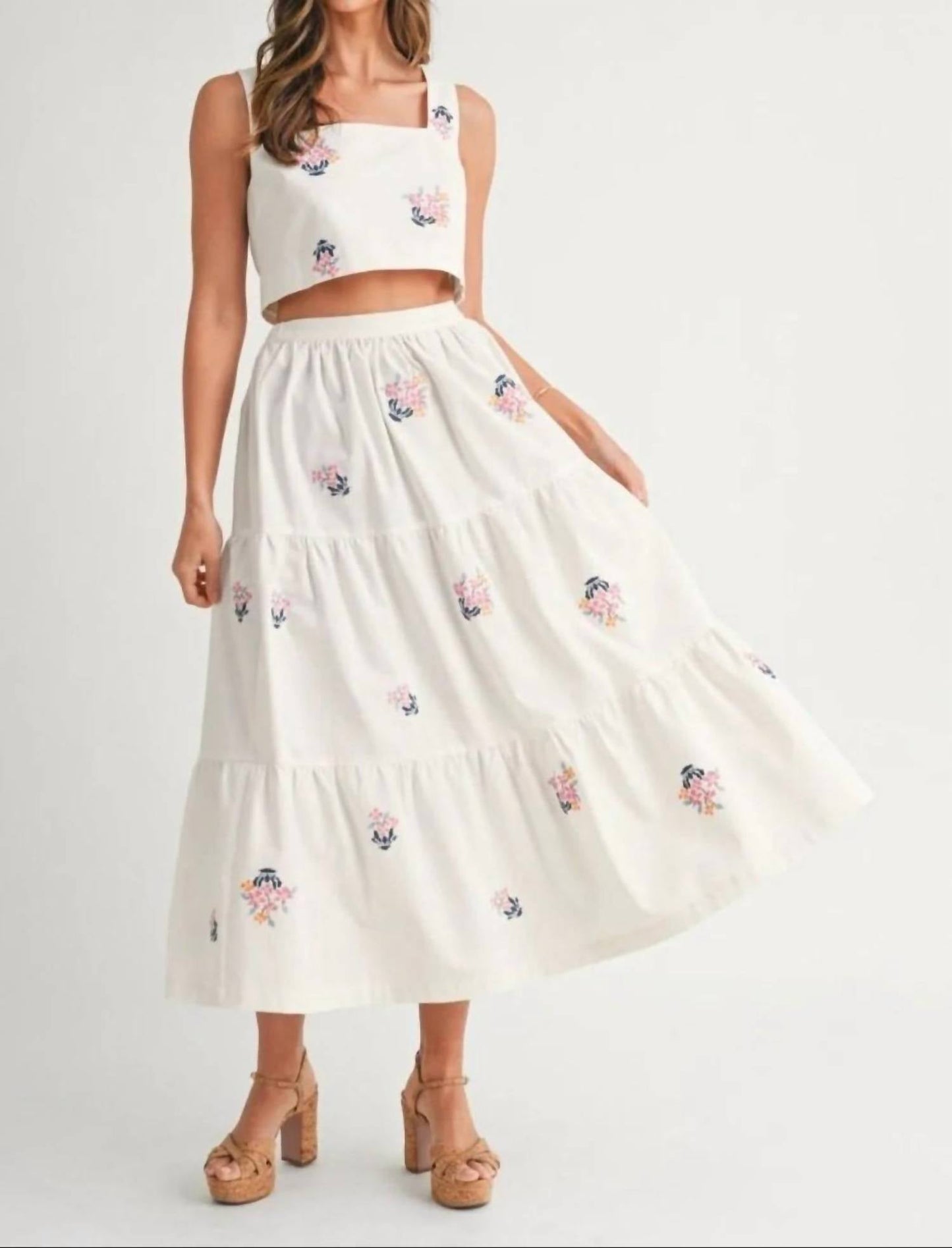 Mable - Madison Embroidered Crop Top And Midi Skirt Set